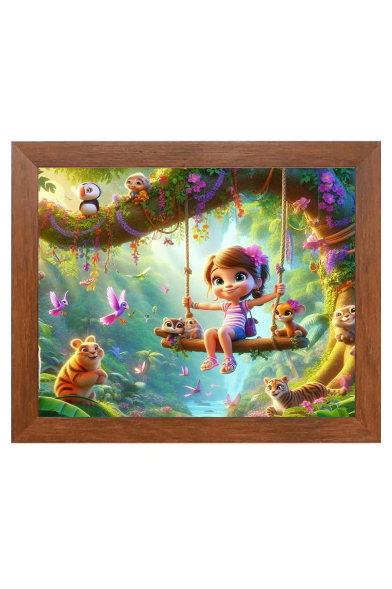 AI Funny Cute Girls With Animals Art Picture for Kids - 10x14 inches, Brown Color - Perfect Wall Decor for Children's Room