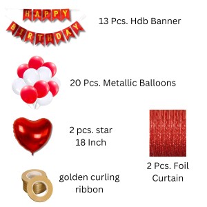Happy Birthday Decoration Combo Set - 20 Pcs. Metallic Balloons, 2 love Foil Balloons, 13 Pcs. Birthday Banner, 2 Pcs. Foil Curtain Party Backdrop Kit for Celebrations and Events (Red)