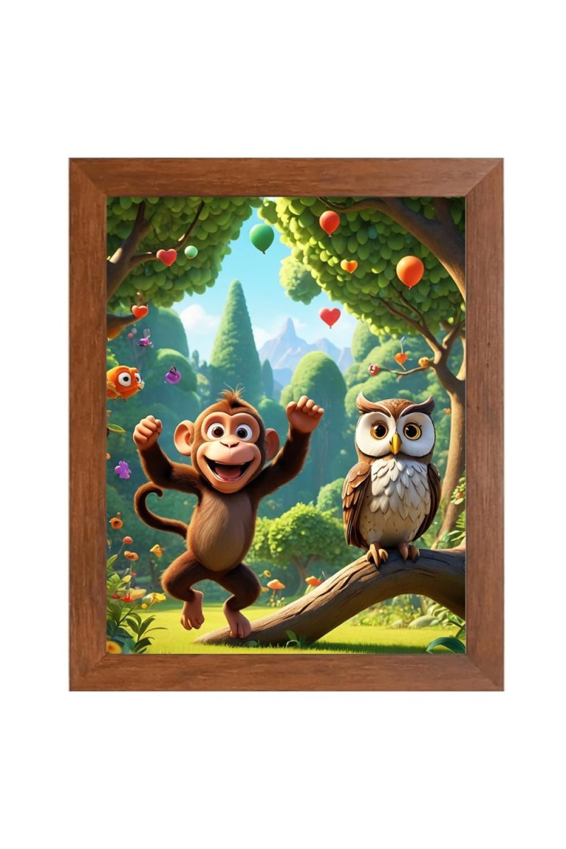 AI Funny Monkey and Owl Art Picture for Kids - 10x14 inches, Brown Color - Perfect Wall Decor for Children's Room
