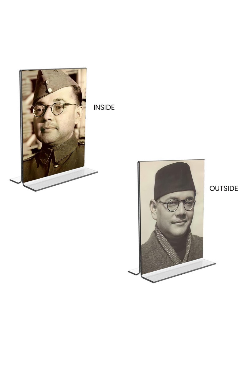 Netaji Subhas Chandra Bose Acrylic T-Style Photo Stand - 9x11 Inches, Compact and Stylish Spiritual Display, easily change 2 photos (Pack of 1)