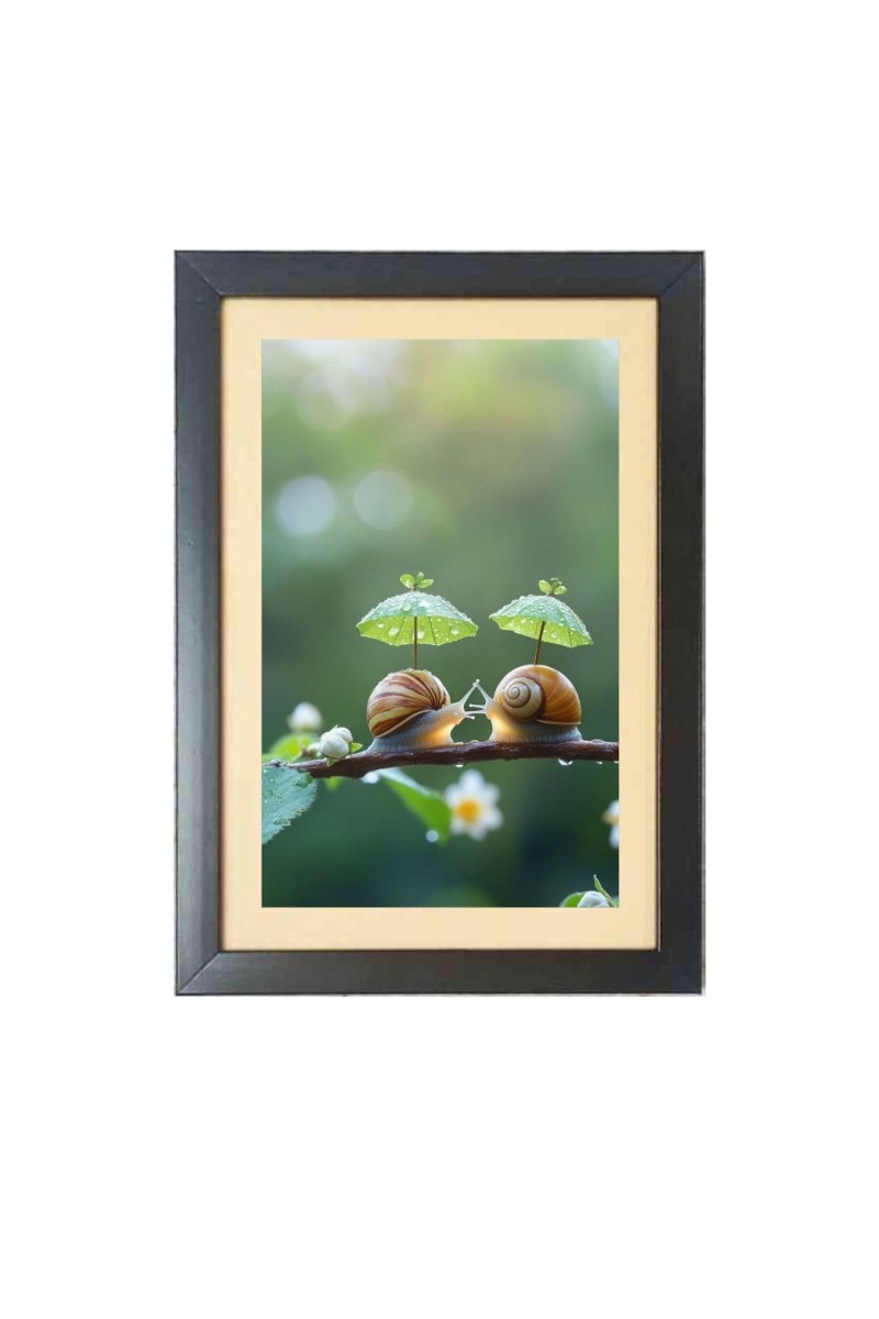Two cute snails under two little umbrellas Black Photo Frame Funny Animal and Bird Cartoon Art