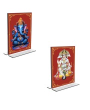 Car Desk/Table Top Sri Ganesh & Panchmukhi Hanuman Acrylic T-Style Photo Stand - 2.5x3.5 Inches, Compact and Stylish Spiritual Display, easily change 2 photos (Pack of 1)