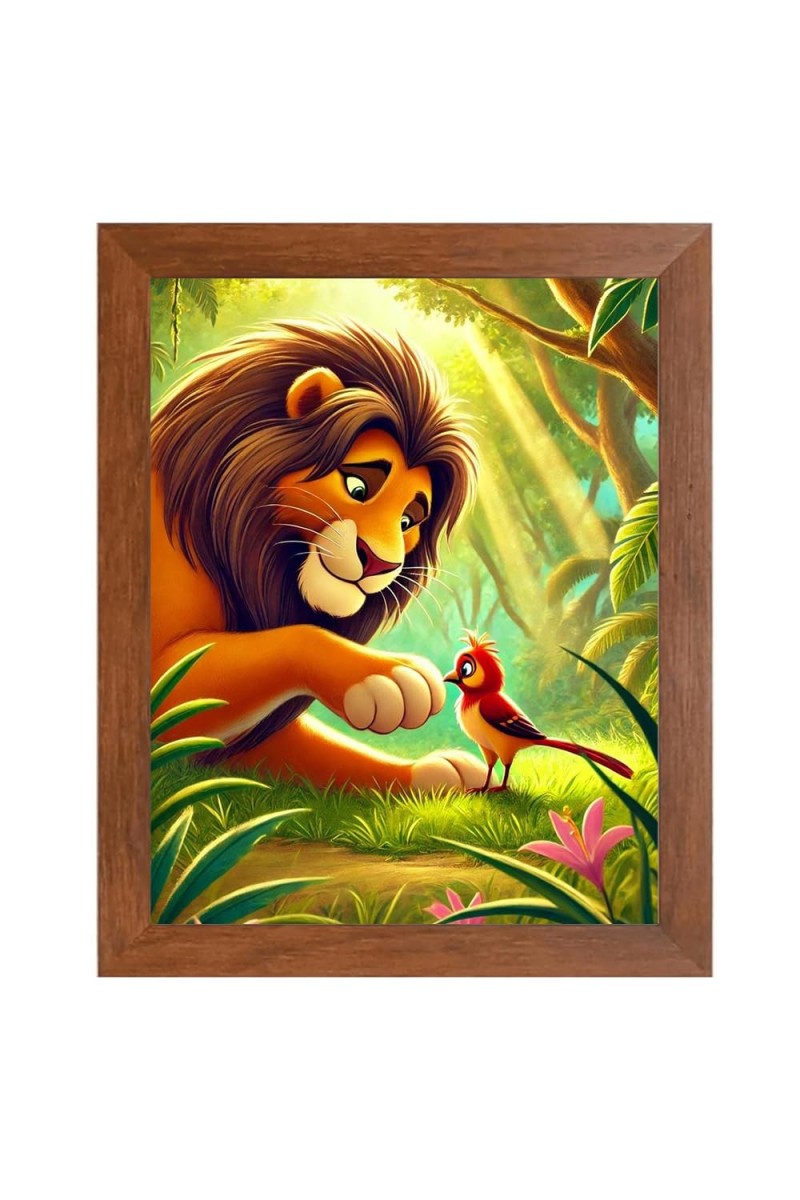 AI Funny Lion with bird Art Picture for Kids - 16x20 inches, Brown Color - Perfect Wall Decor for Children's Room