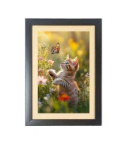 The cat is watching butterfly Black Photo Frame Funny Animal and Bird Cartoon Art