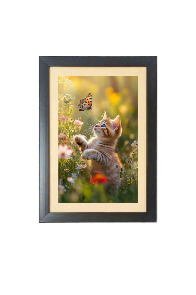 The cat is watching butterfly Black Photo Frame Funny Animal and Bird Cartoon Art