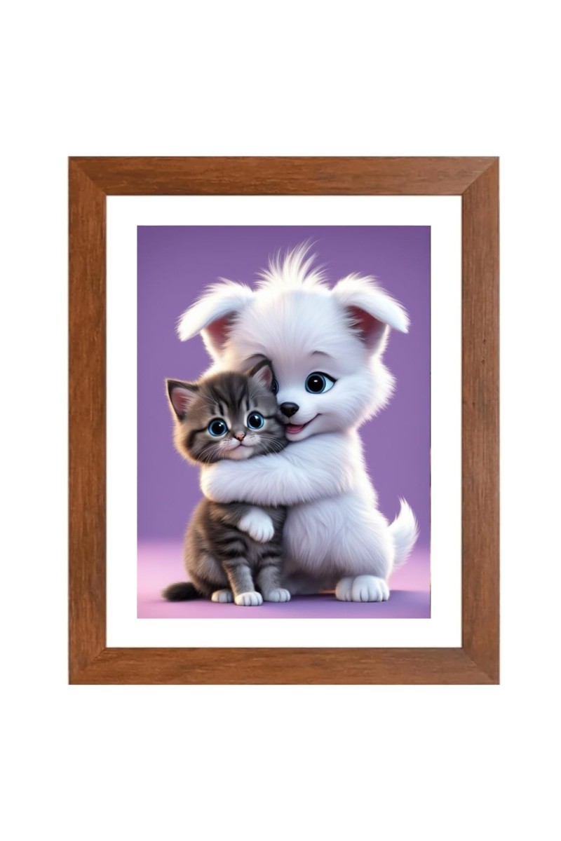 AI Funny Cute Dog & Cat Art Picture for Kids - 12x16 inches, Brown Color - Perfect Wall Decor for Children's Room