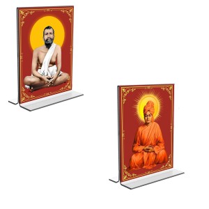 Car Desk/Table Top Sri Ramakrishna Paramhansa & Swami Vivekananda Acrylic T-Style Photo Stand - 2.5x3.5 Inches, Compact and Stylish Spiritual Display, easily change 2 photos (Pack of 1)