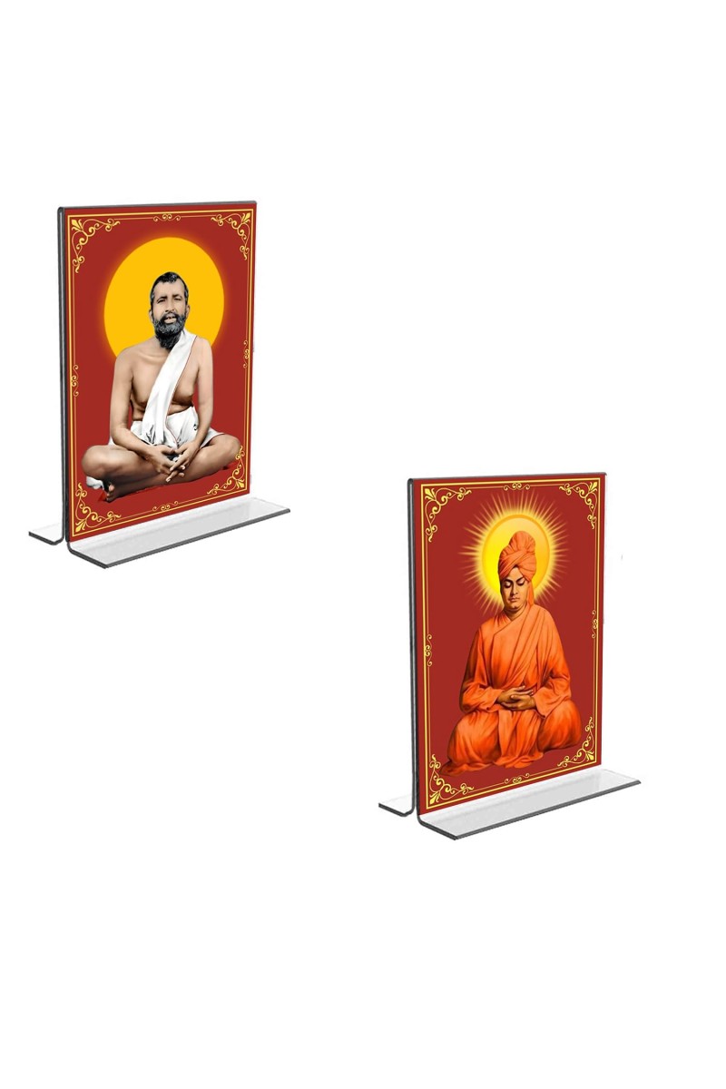 Car Desk/Table Top Sri Ramakrishna Paramhansa & Swami Vivekananda Acrylic T-Style Photo Stand - 2.5x3.5 Inches, Compact and Stylish Spiritual Display, easily change 2 photos (Pack of 1)