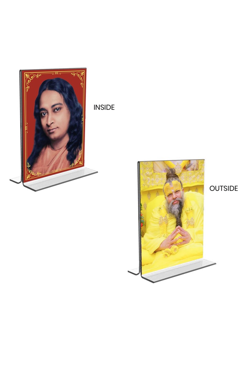 Sri Sri Paramahansa Yogananda & Sri premanand ji maharaj Acrylic T-Style Photo Stand - 7x9 Inches, Compact and Stylish Spiritual Display, easily change 2 photos (Pack of 1)