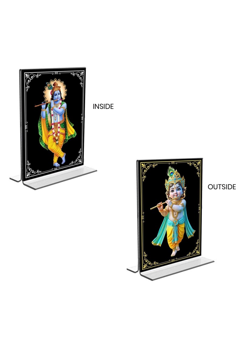Sri Krishna Acrylic T-Style Photo Stand, Compact and Stylish Spiritual Display, easily change 2 photos (Pack of 1)