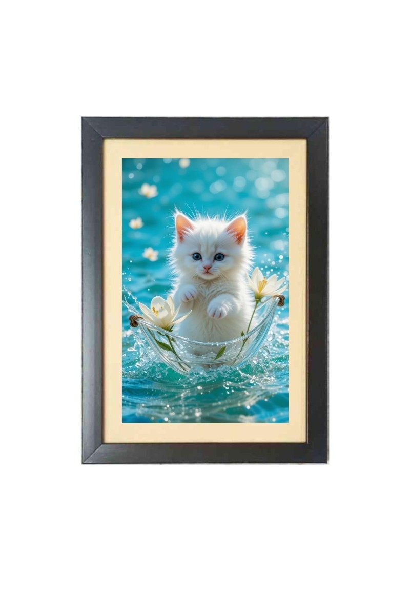 The cute white cat Black Photo Frame Funny Animal and Bird Cartoon Art