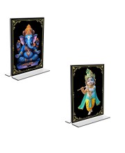 Car Desk/Table Top Sri Ganesh & Sri Krishna Acrylic T-Style Photo Stand - 2.5x3.5 Inches, Compact and Stylish Spiritual Display, easily change 2 photos (Pack of 1)