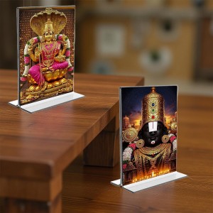 Lord Tirupati Balaji & Baba Lakhsmi Acrylic T-Style Photo Stand - 5x7 Inches, Compact and Stylish Spiritual Display, easily change 2 photos (Pack of 1)