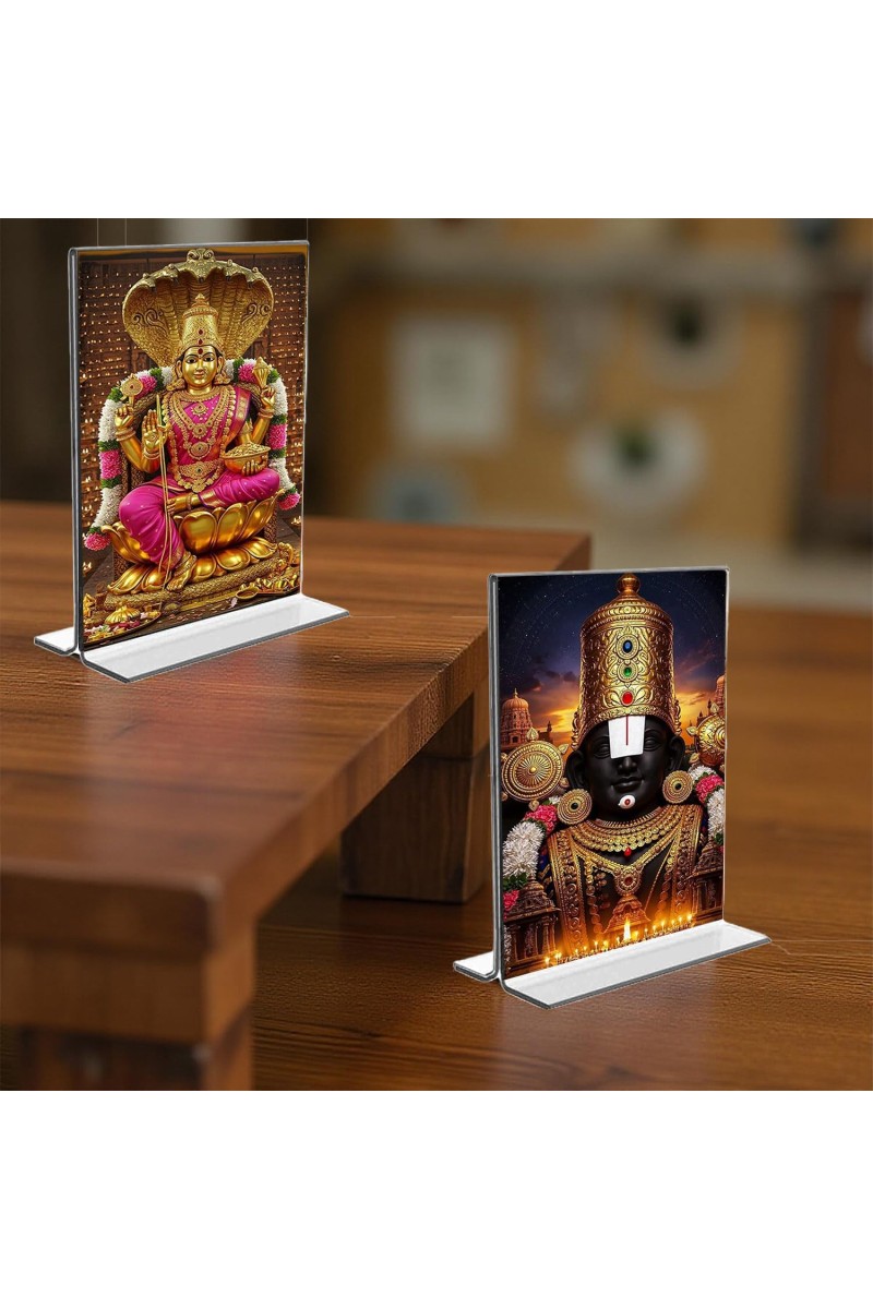 Lord Tirupati Balaji & Baba Lakhsmi Acrylic T-Style Photo Stand - 5x7 Inches, Compact and Stylish Spiritual Display, easily change 2 photos (Pack of 1)