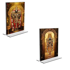 Car Desk/Table Top Lord Tirupati Balaji Acrylic T-Style Photo Stand - 2.5x3.5 Inches, Compact and Stylish Spiritual Display, easily change 2 photos (Pack of 1)
