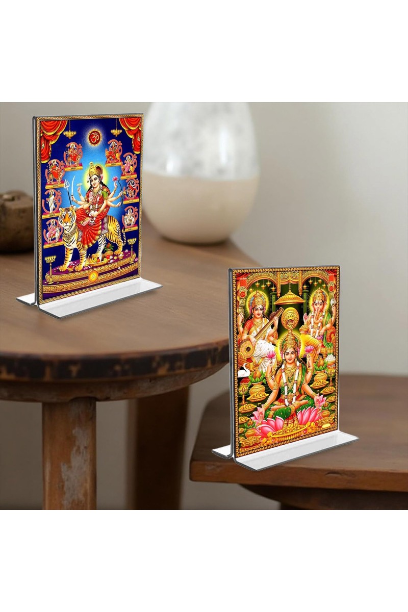 Debi Nava Durga & Debi Lakshmi Sri Ganesh Debi Saraswati Acrylic T-Style Photo Stand - 11x13 Inches, Compact and Stylish Spiritual Display, easily change 2 photos (Pack of 1)