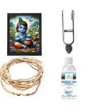 Combo of Krishna Makhan Chor Laddu Gopal Polystyrene Photo Frame (7.12 x 9.12 inches), Ganga Jal, Tilak Stamp & Tulsi Mala – Spiritual Pooja Gift Set