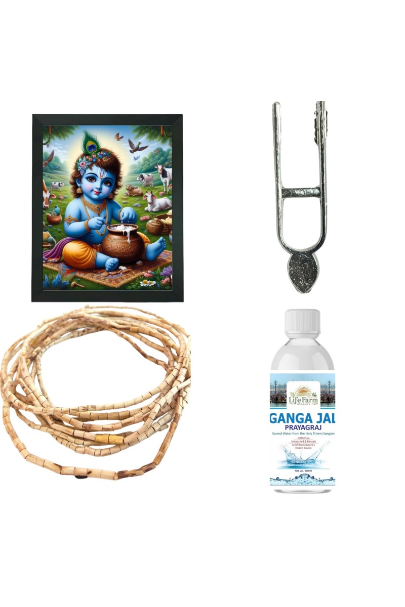 Combo of Krishna Makhan Chor Laddu Gopal Polystyrene Photo Frame (7.12 x 9.12 inches), Ganga Jal, Tilak Stamp & Tulsi Mala – Spiritual Pooja Gift Set
