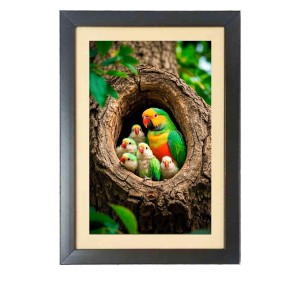 The beautiful parrots with babies Black Photo Frame Funny Animal and Bird Cartoon Art The beautiful parrots with babies Black Photo Frame Funny Animal and Bird Cartoon Art