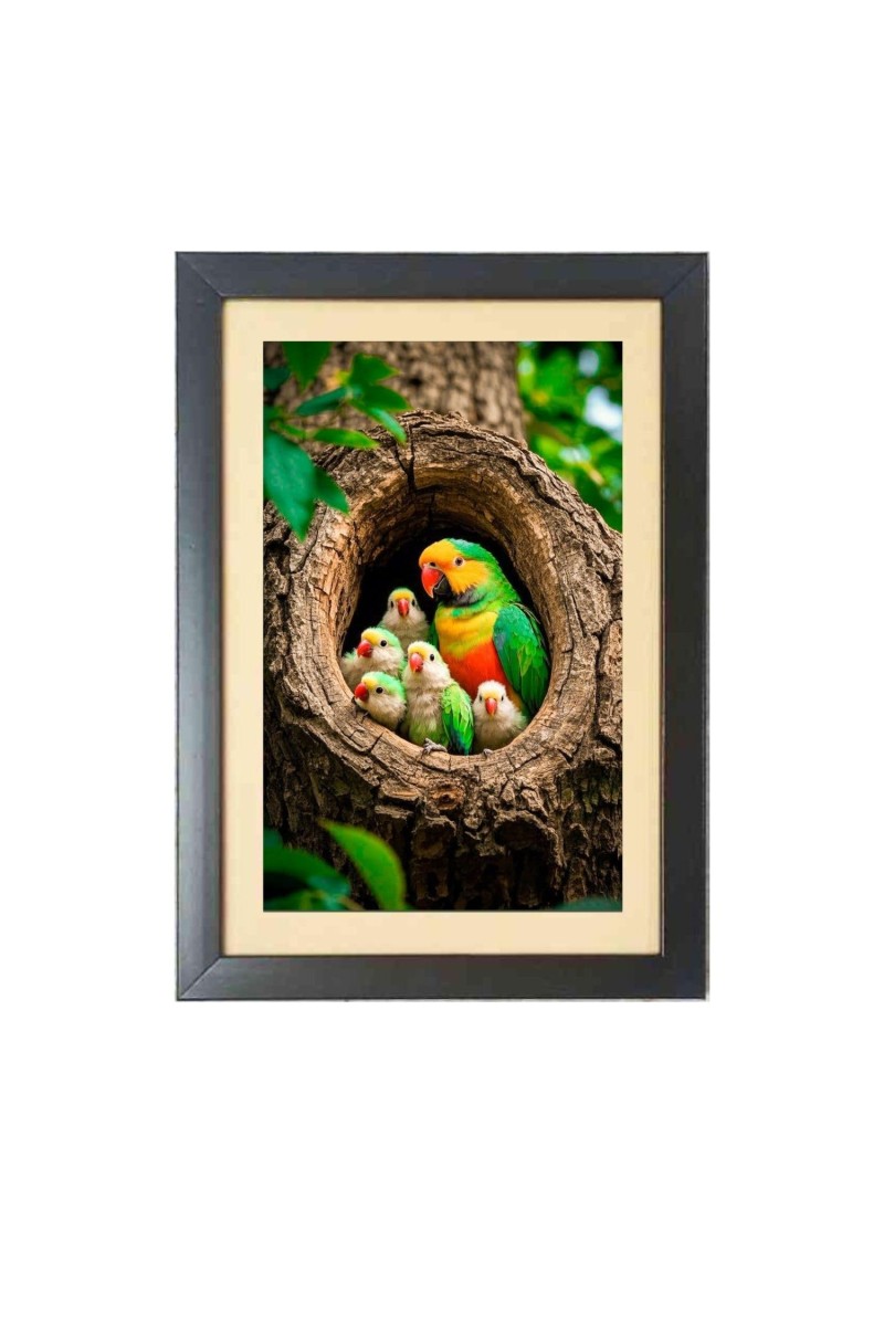 The beautiful parrots with babies Black Photo Frame Funny Animal and Bird Cartoon Art