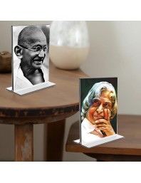 Mahatma Gandhi & APJ Abdul Kalam Acrylic T-Style Photo Stand, Compact and Stylish Spiritual Display, easily change 2 photos (Pack of 1)