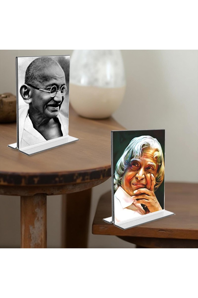 Mahatma Gandhi & APJ Abdul Kalam Acrylic T-Style Photo Stand, Compact and Stylish Spiritual Display, easily change 2 photos (Pack of 1)