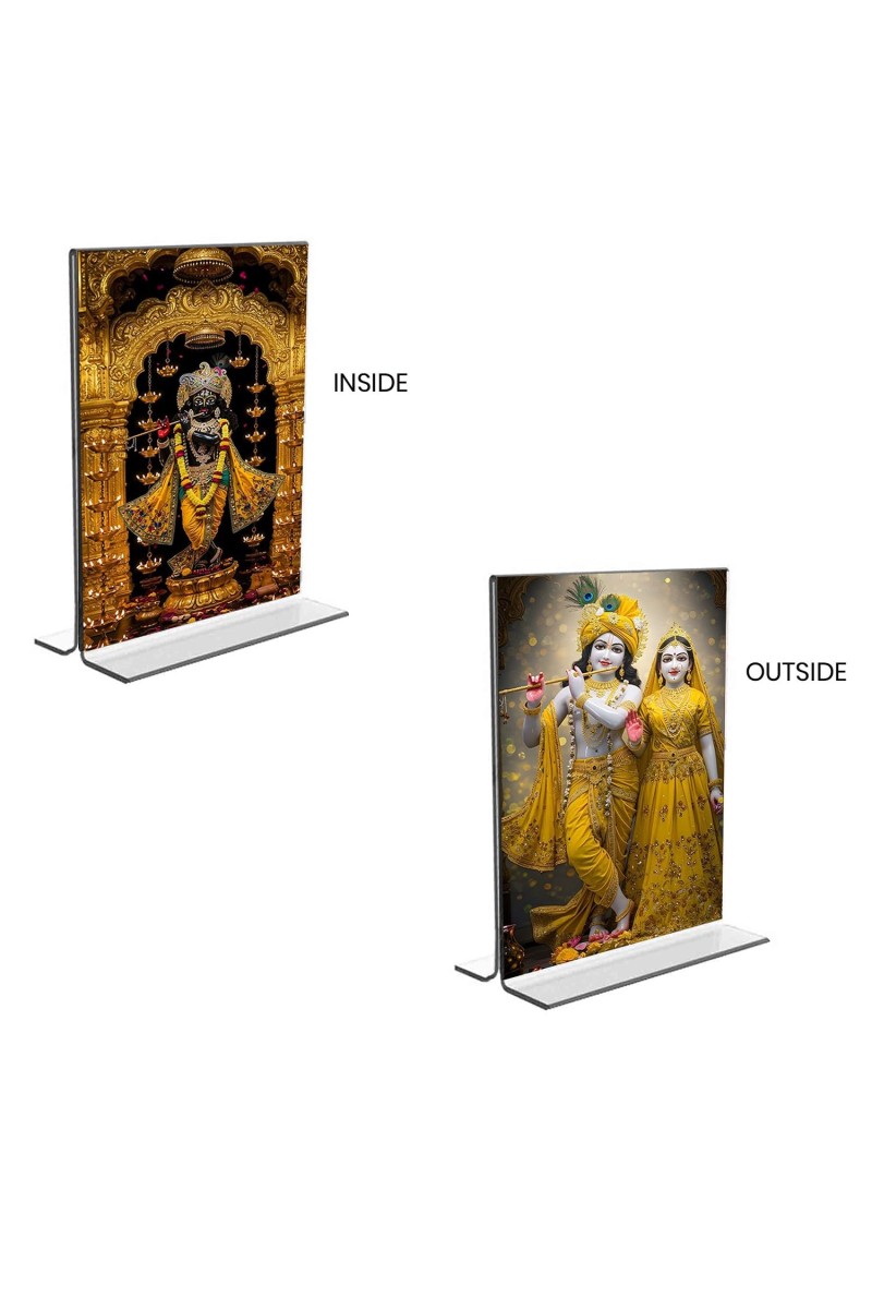 Sri Radha Krishna & Sri Krishna Acrylic T-Style Photo Stand, Compact and Stylish Spiritual Display, easily change 2 photos (Pack of 1)