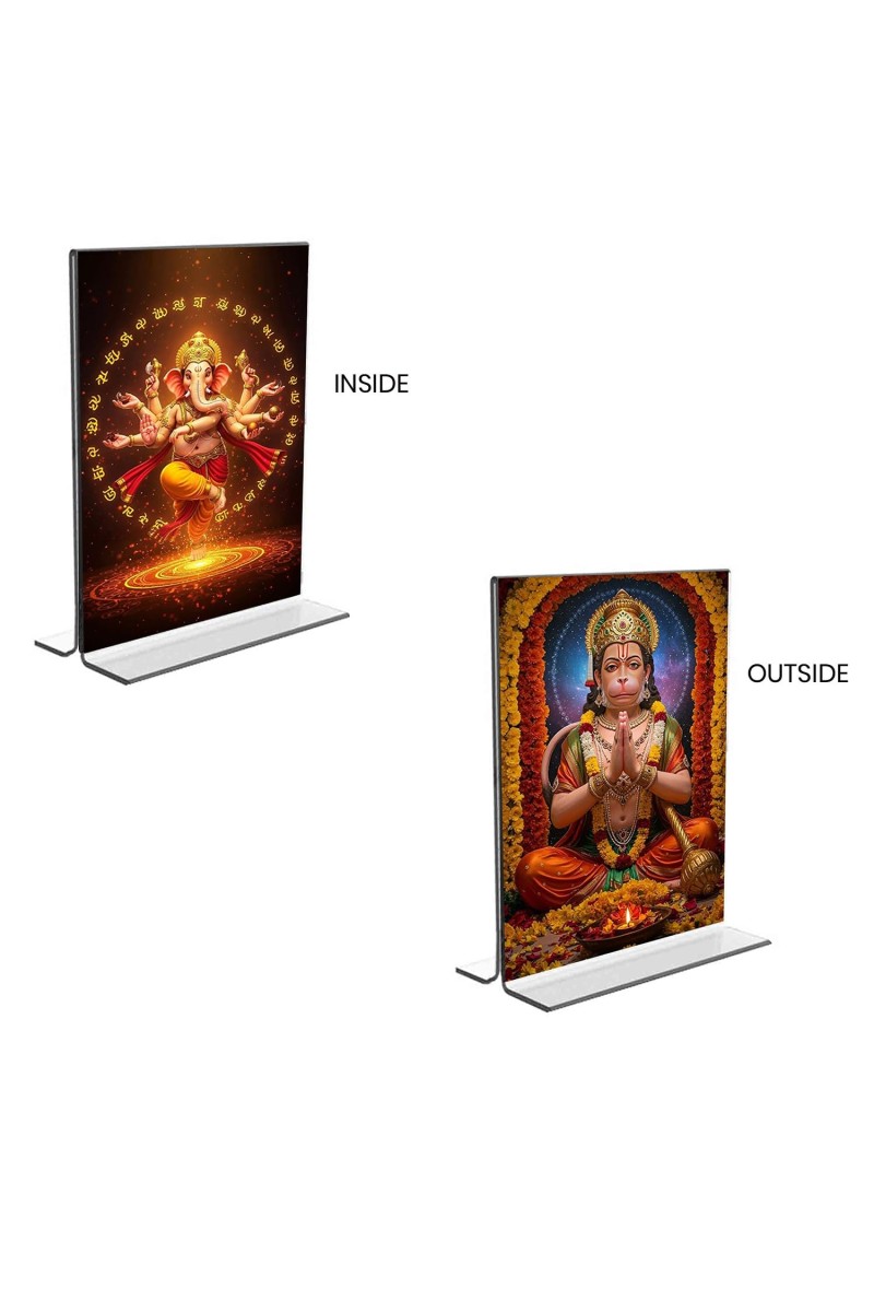 Lord Ganesh & Sri Hanuman Acrylic T-Style Photo Stand, Compact and Stylish Spiritual Display, easily change 2 photos (Pack of 1)