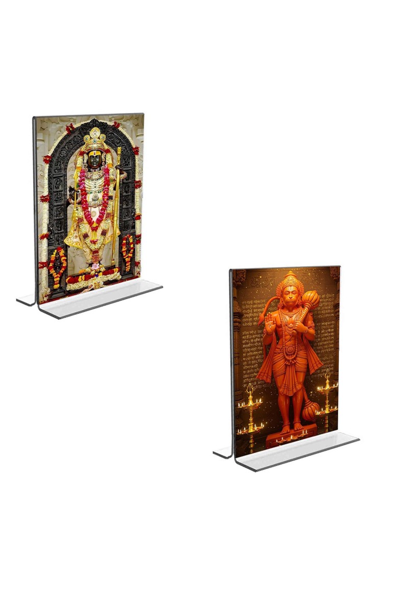 Car Desk/Table Top Sri Ram Lalla & Sri Hanuman Acrylic T-Style Photo Stand - 2.5x3.5 Inches, Compact and Stylish Spiritual Display, easily change 2 photos (Pack of 1)