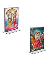 Car Desk/Table Top Sri Lakshmi Narayan & Sri Radha Krishna Acrylic T-Style Photo Stand - 2.5x3.5 Inches, Compact and Stylish Spiritual Display, easily change 2 photos (Pack of 1)