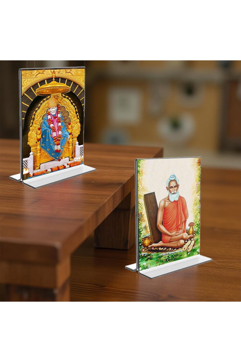 Sai Baba & Lokenath Baba Acrylic T-Style Photo Stand - 11x13 Inches, Compact and Stylish Spiritual Display, easily change 2 photos (Pack of 1)