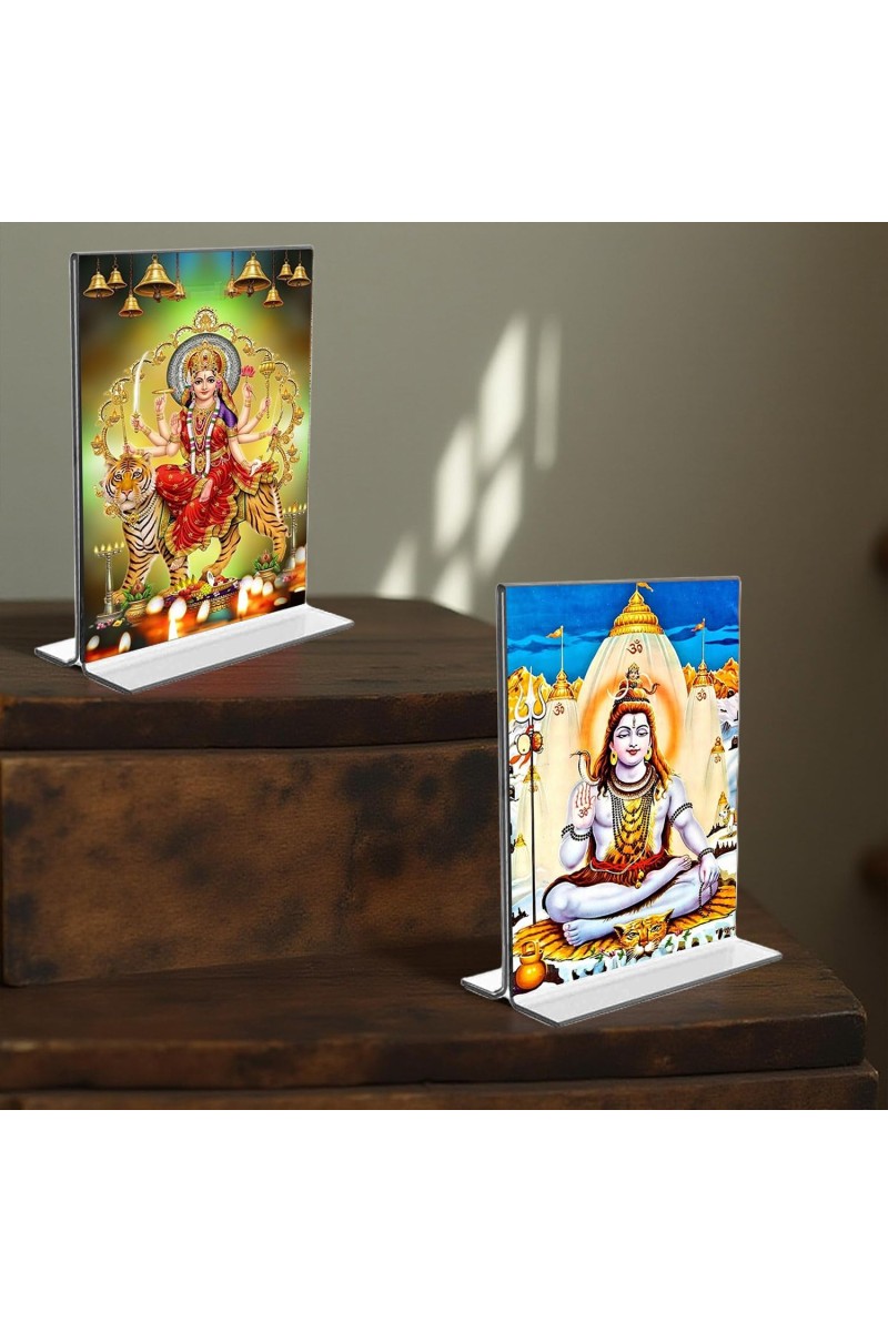 Lord Shiva & Lord Durga Acrylic T-Style Photo Stand - 7x9 Inches, Compact and Stylish Spiritual Display, easily change 2 photos (Pack of 1)