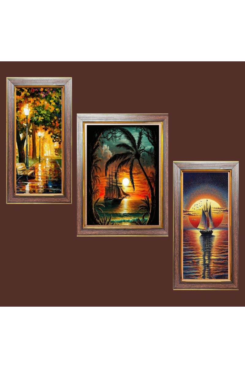 3-Pack Sunrise Over Silent Waters Photo Frames - 2 Pieces 6x13 Inch & 1 Piece 10x13 Inch - Rustic Wall Art for Home & Office Decor - Botanical Wall Hanging for Living Room, Bedroom, or Workspace
