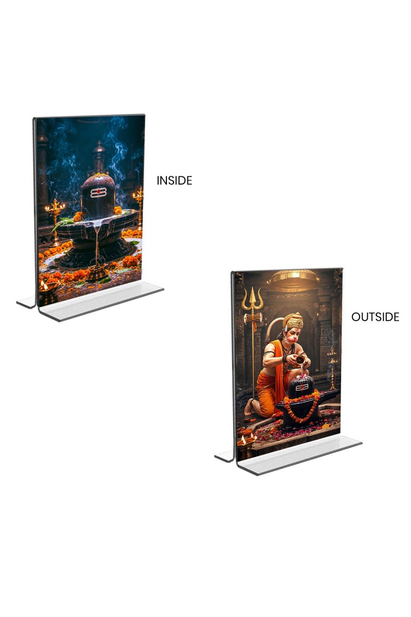Sri Hanuman & Lord Shiva Lingam Acrylic T-Style Photo Stand, Compact and Stylish Spiritual Display, easily change 2 photos (Pack of 1)