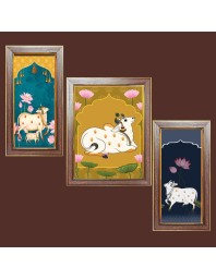 3-Pack Gomatha cow painting Photo Frames - 2 Pieces 6x13 Inch & 1 Piece 10x13 Inch - Rustic Wall Art for Home & Office Decor - Botanical Wall Hanging for Living Room, Bedroom, or Workspace
