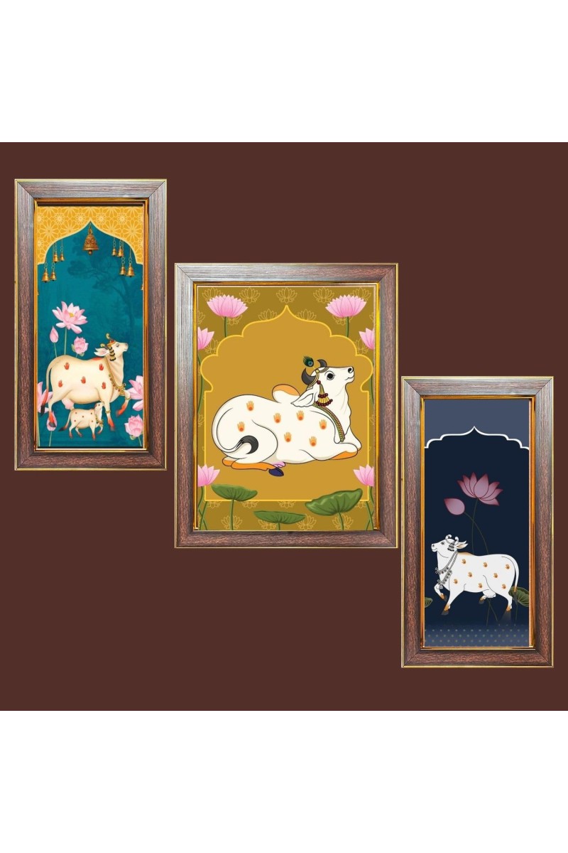 3-Pack Gomatha cow painting Photo Frames - 2 Pieces 6x13 Inch & 1 Piece 10x13 Inch - Rustic Wall Art for Home & Office Decor - Botanical Wall Hanging for Living Room, Bedroom, or Workspace