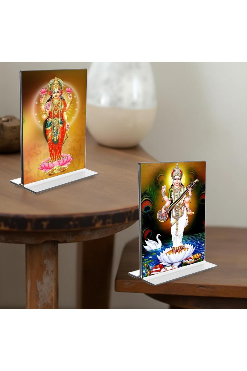 Debi Saraswati & Debi Lakshmi Acrylic T-Style Photo Stand - 11x13 Inches, Compact and Stylish Spiritual Display, easily change 2 photos (Pack of 1)