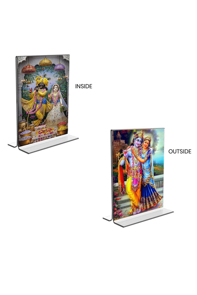 Sri Radha Sri Krishna Acrylic T-Style Photo Stand - 7x9 Inches, Compact and Stylish Spiritual Display, easily change 2 photos (Pack of 1)