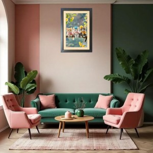 Three lovely cats are sitting on the branch Black Photo Frame Funny Animal and Bird Cartoon Art Three lovely cats are sitting on the branch Black Photo Frame Funny Animal and Bird Cartoon Art
