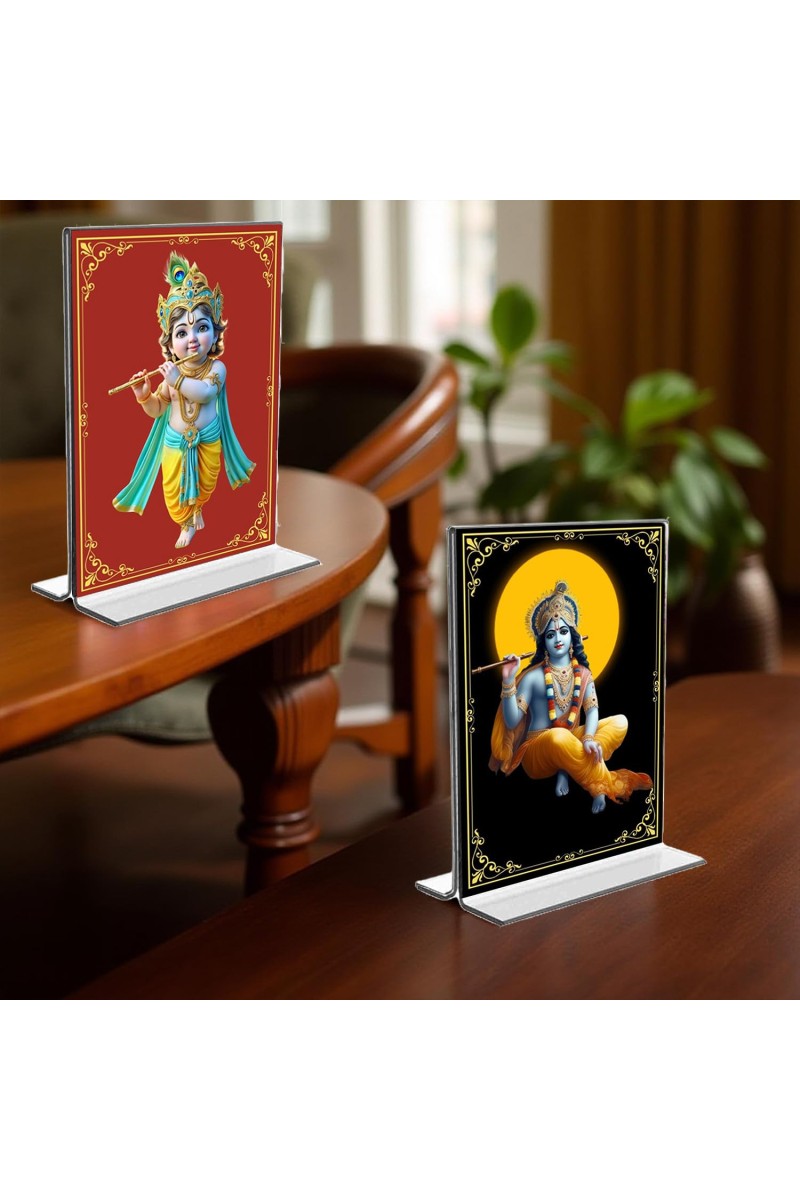 Lord Krishna Acrylic T-Style Photo Stand - 11x13 Inches, Compact and Stylish Spiritual Display, easily change 2 photos (Pack of 1)