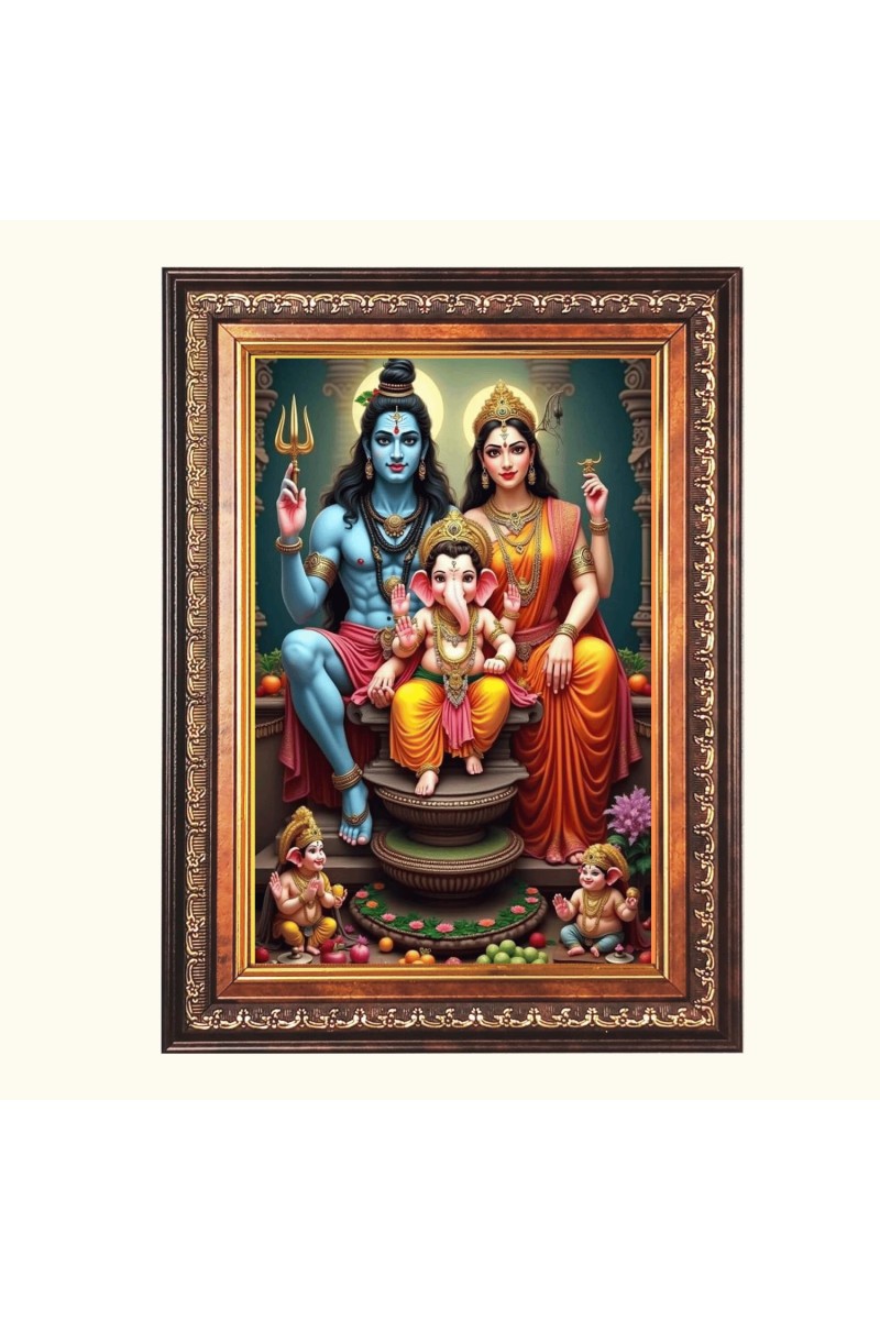 Sri Shiv Shankar, Mata Parvati and Baby Ganesh Color Photo 8x12 Inch - Vibrant Religious Wall Art for Home or Office Decor.