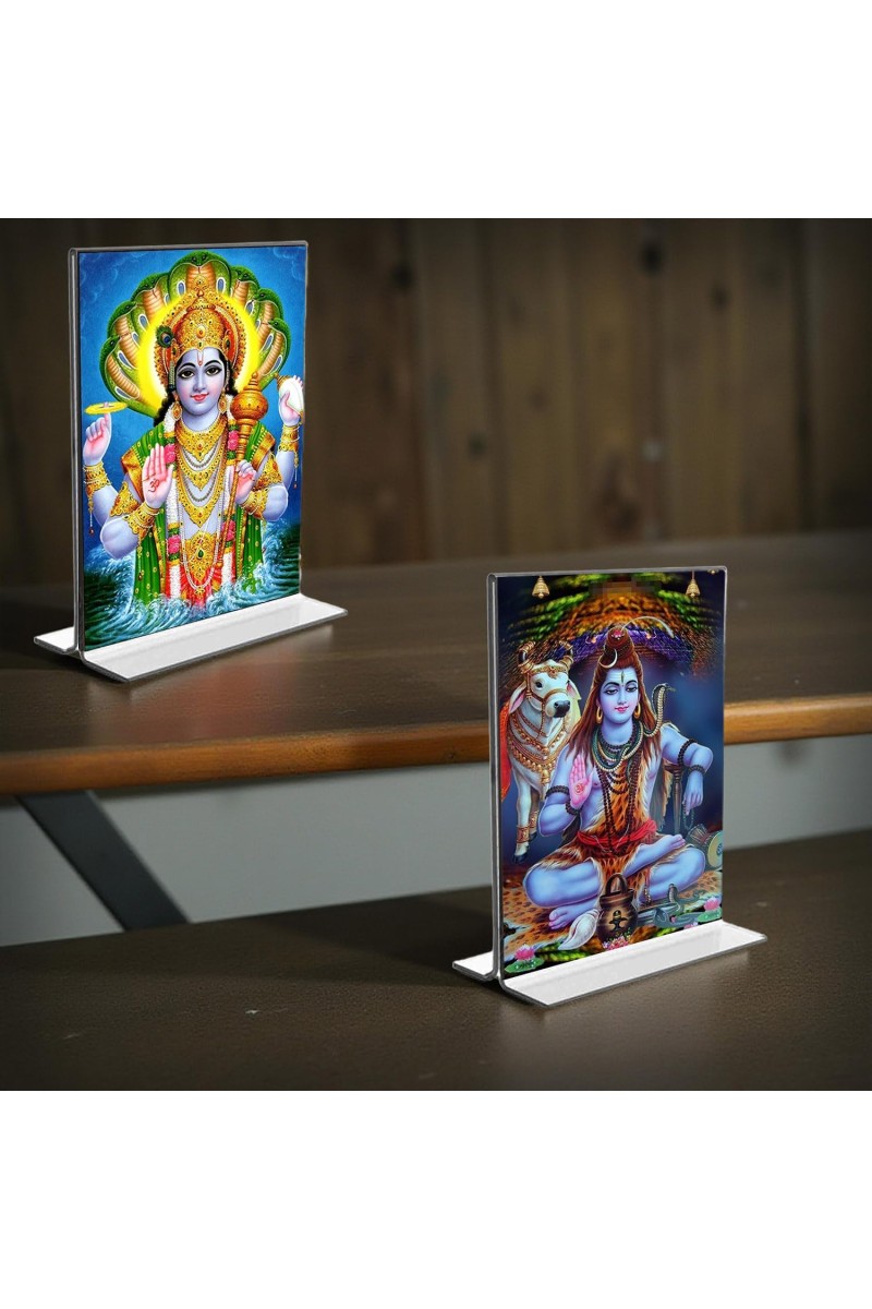 Lord Narayan & Lord Shiva Acrylic T-Style Photo Stand - 7x9 Inches, Compact and Stylish Spiritual Display, easily change 2 photos (Pack of 1)