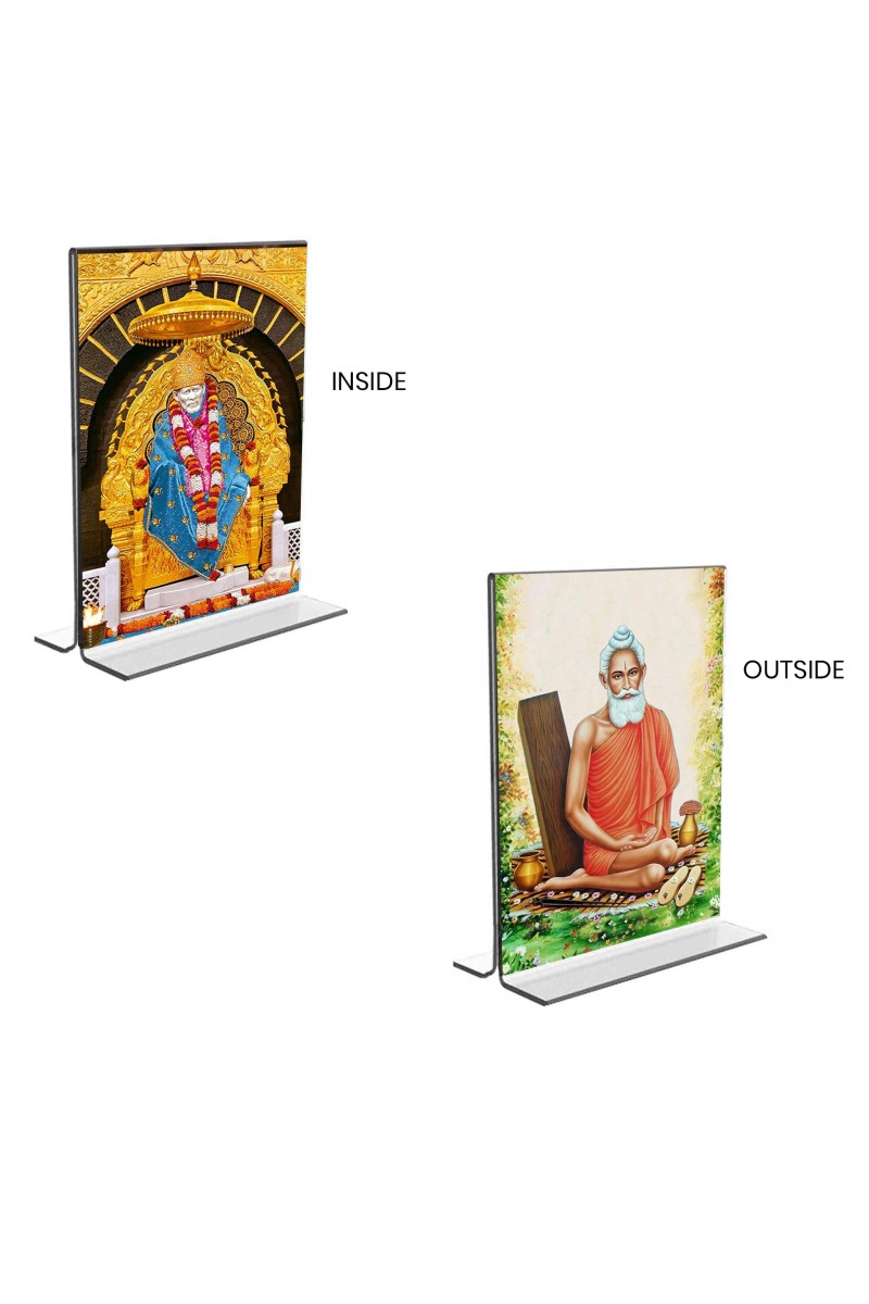 Sai Baba & Lokenath Baba Acrylic T-Style Photo Stand, Compact and Stylish Spiritual Display, easily change 2 photos (Pack of 1)