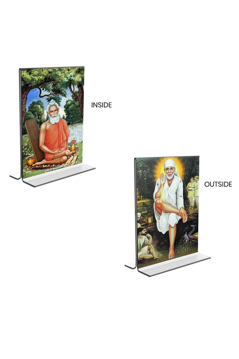 Lokenath Baba & Sai Baba Acrylic T-Style Photo Stand - 11x13 Inches, Compact and Stylish Spiritual Display, easily change 2 photos (Pack of 1)