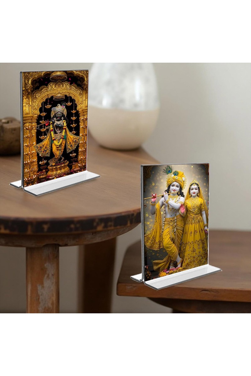 Sri Radha Krishna & Sri Krishna Acrylic T-Style Photo Stand - 5x7 Inches, Compact and Stylish Spiritual Display, easily change 2 photos (Pack of 1)