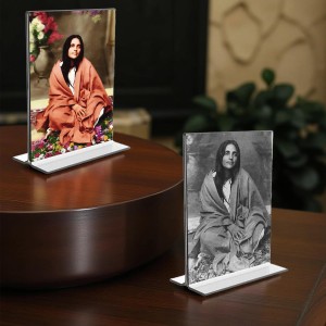 Car Desk/Table Top Maa Anandamayee Maa Acrylic T-Style Photo Stand - 2.5x3.5 Inches, Compact and Stylish Spiritual Display, easily change 2 photos (Pack of 1)