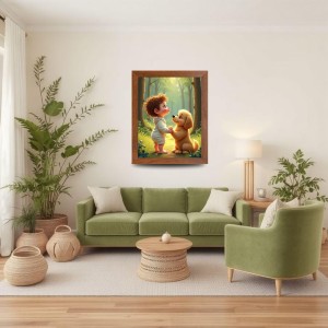 AI Funny Boy with Cute Dog Art Picture for Kids - 12x16 inches, Brown Color - Perfect Wall Decor for Children's Room