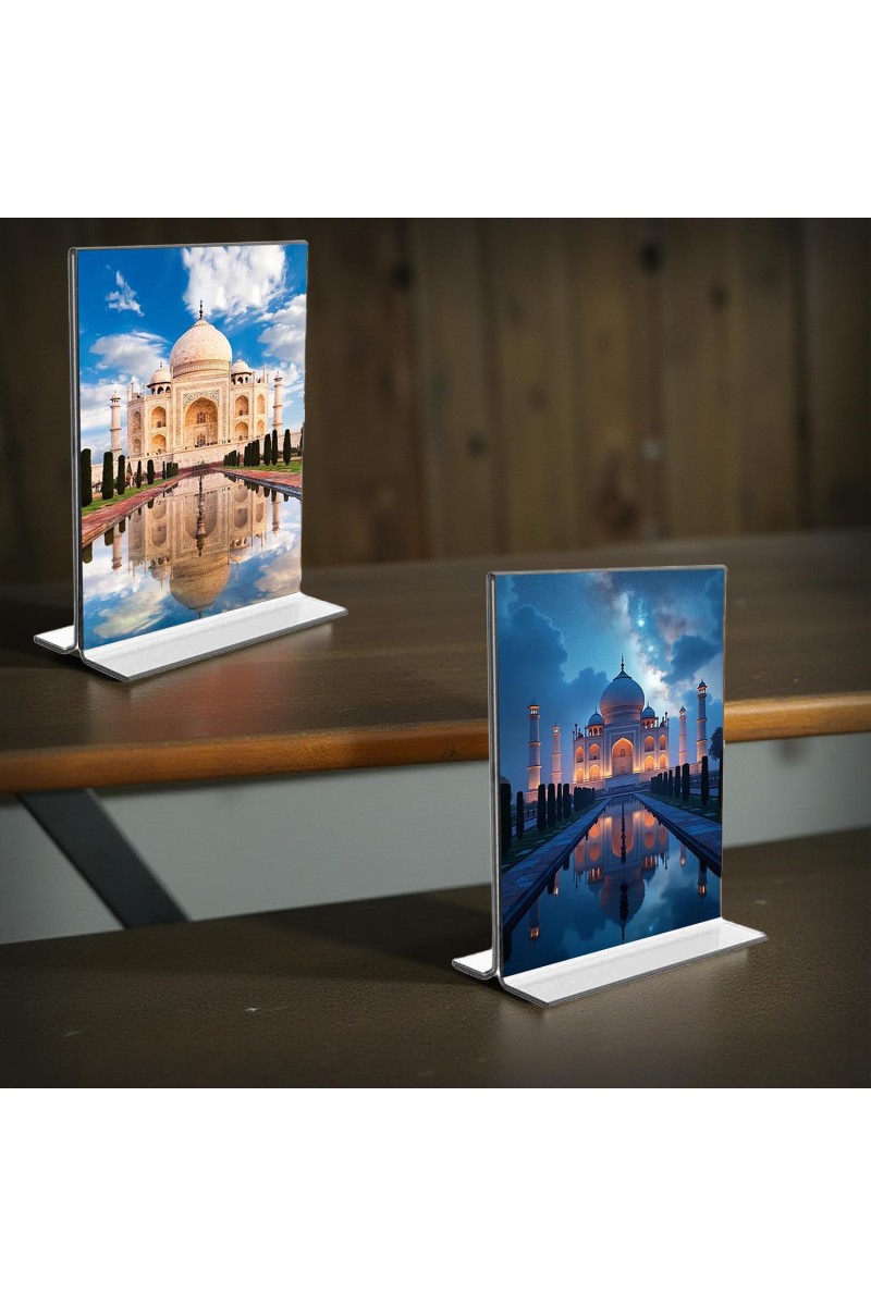 Taj Mahal Acrylic T-Style Photo Stand, Compact and Stylish Spiritual Display, easily change 2 photos (Pack of 1)