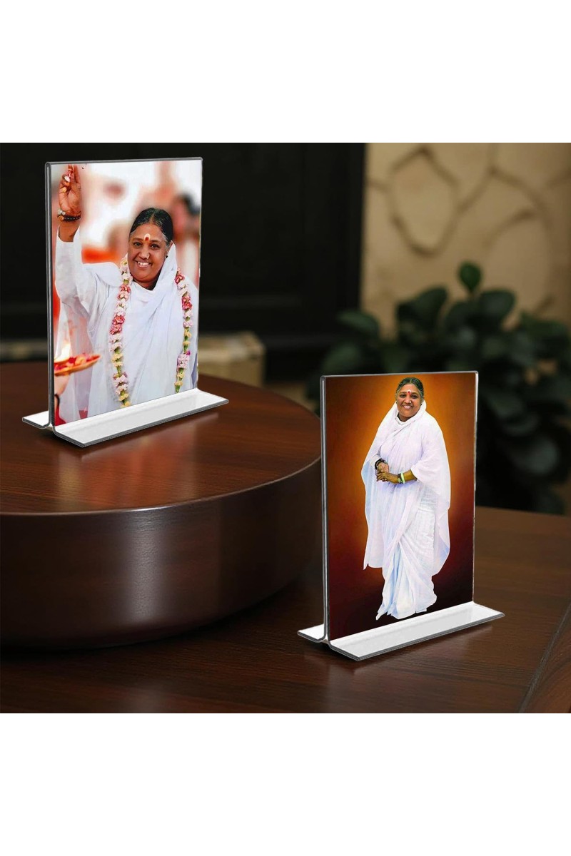 Debi AMRITANANDAMAYI Acrylic T-Style Photo Stand - 5x7 Inches, Compact and Stylish Spiritual Display, easily change 2 photos (Pack of 1)