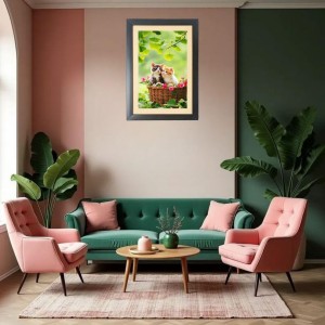 The two cats are sitting on the basket Black Photo Frame Funny Animal and Bird Cartoon Art